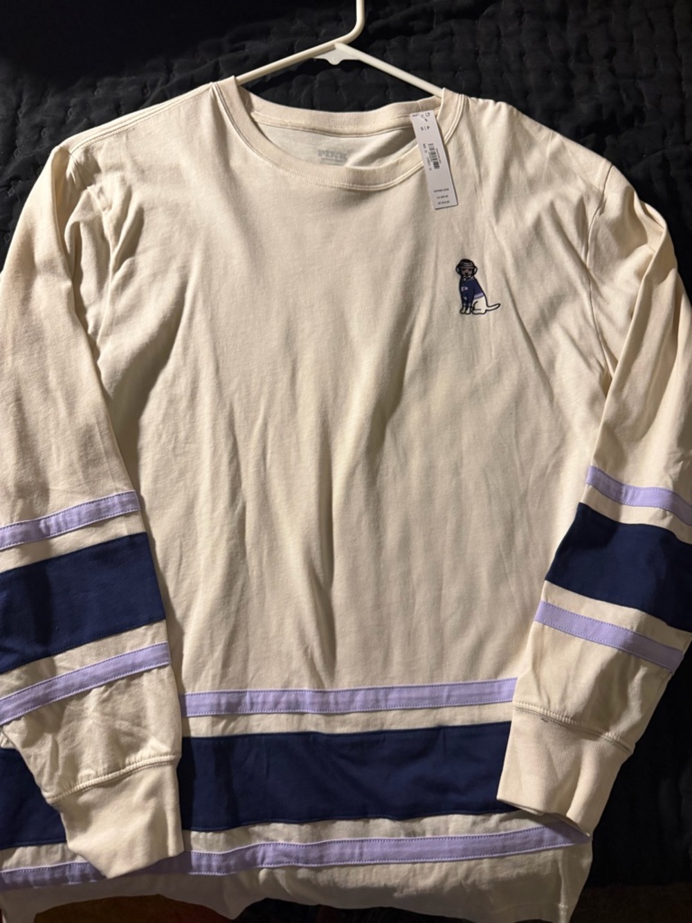 Pink Brand, Cream Long-Sleeve Top with Navy & Lilac Stripes